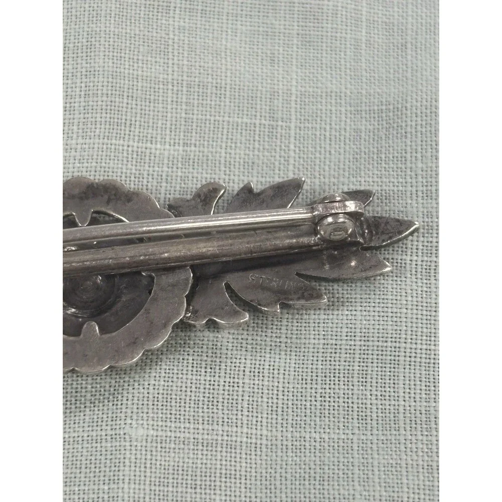 Vintage 925 Sterling Silver Marcasite Art Deco Style Bar Brooch Floral Pin